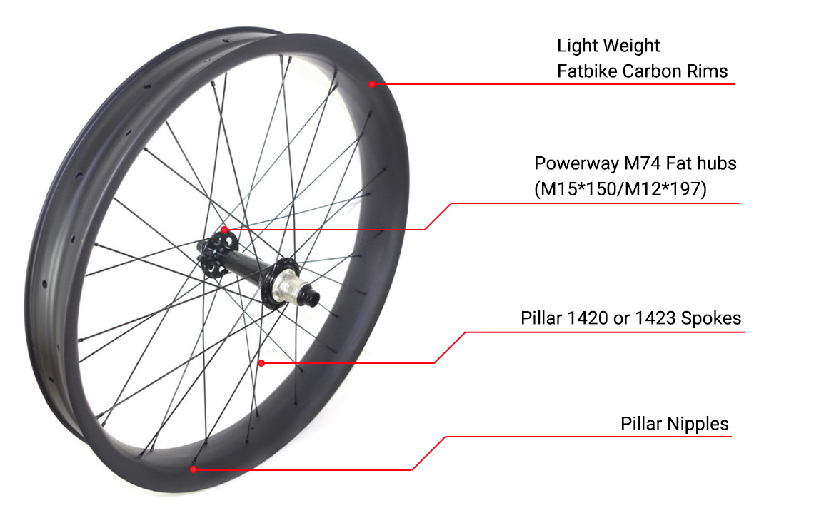 Bánh xe carbon dành cho xe đạp tuyết dành cho người béo được chế tạo bằng trung tâm chất béo Powerway M74