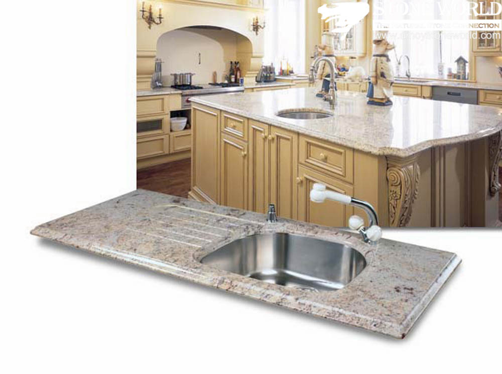 Mặt bàn bếp granite prefab nóng với bồn rửa tích