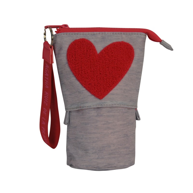 Túi đựng bút chì văn phòng phẩm OEM có thể gập lại với thêu hình trái tim và dây đeo tay