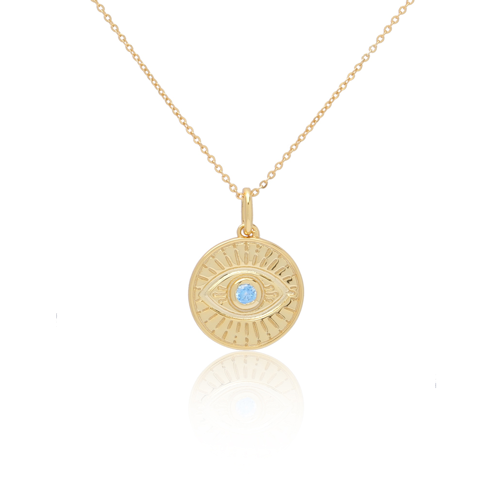 Sterling Silver Evil Eye Necklace Blue CZ Coin Mặt dây chuyền